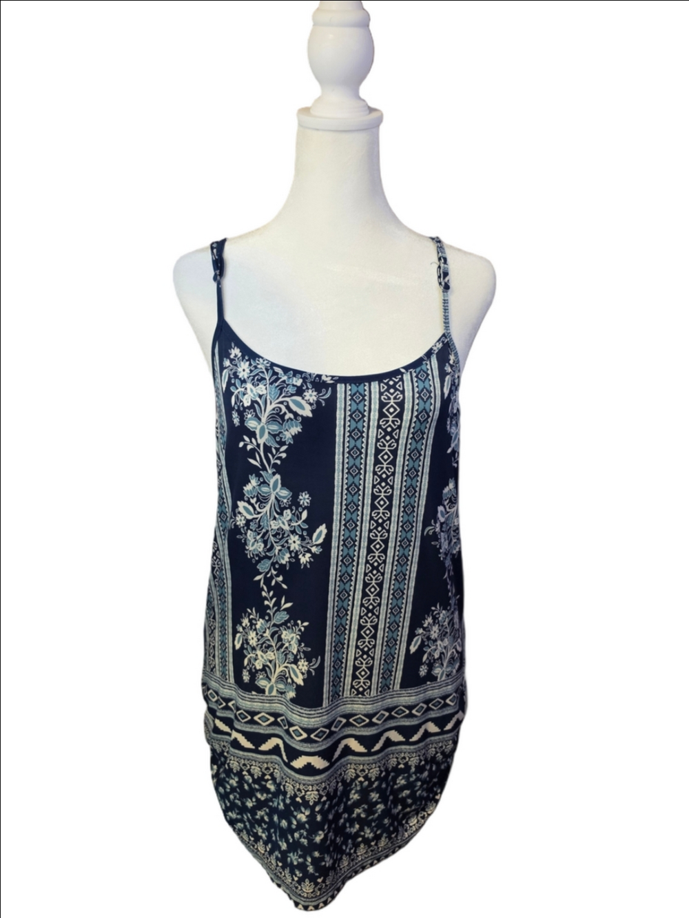 Agenda Navy White Boho Geometric Spaghetti Strap Tank Top Cami Size Medium